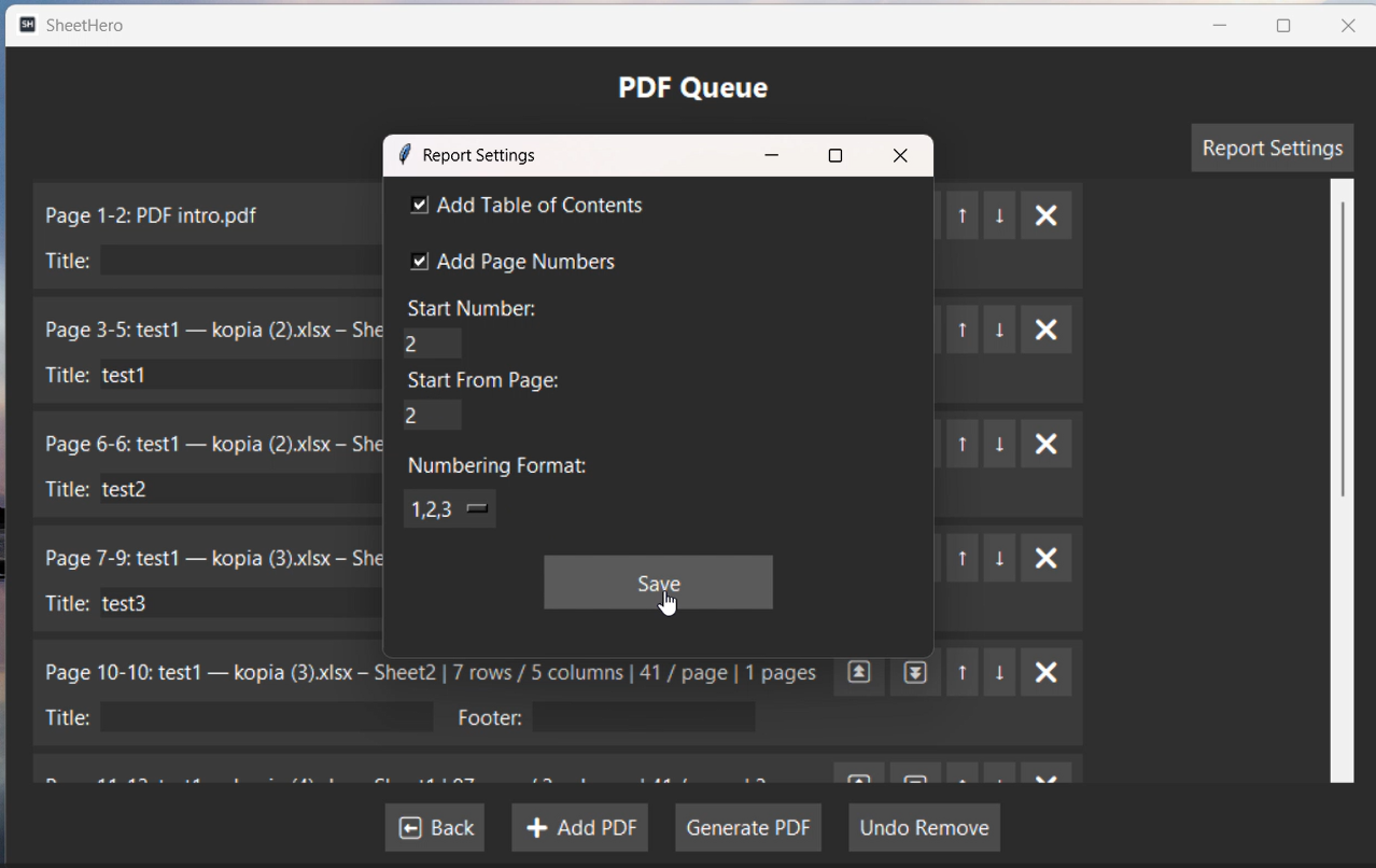 Report settings in SheetHero