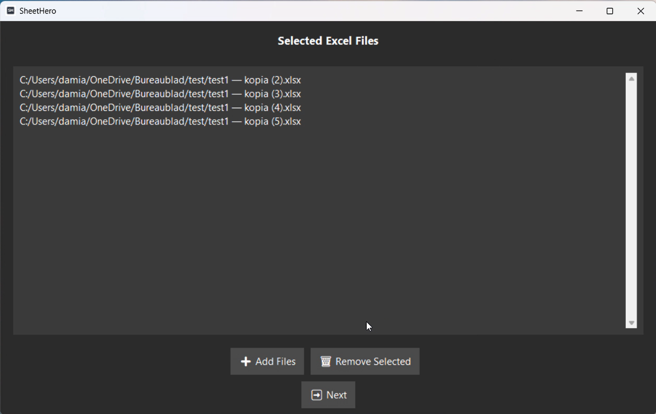 Selecting Excel files for PDF report generation in SheetHero
