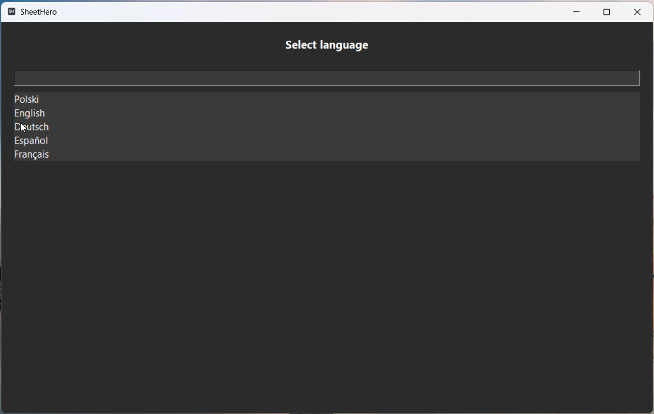 SheetHero language selection screen