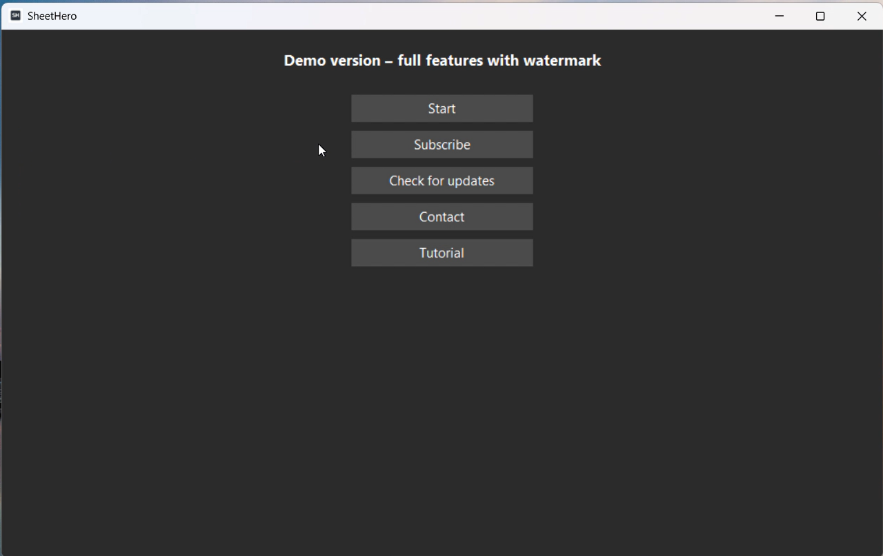 Version and settings screen in SheetHero