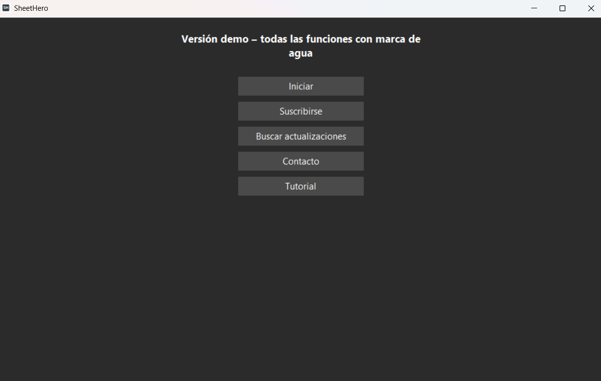 Pantalla de versión y configuración en SheetHero