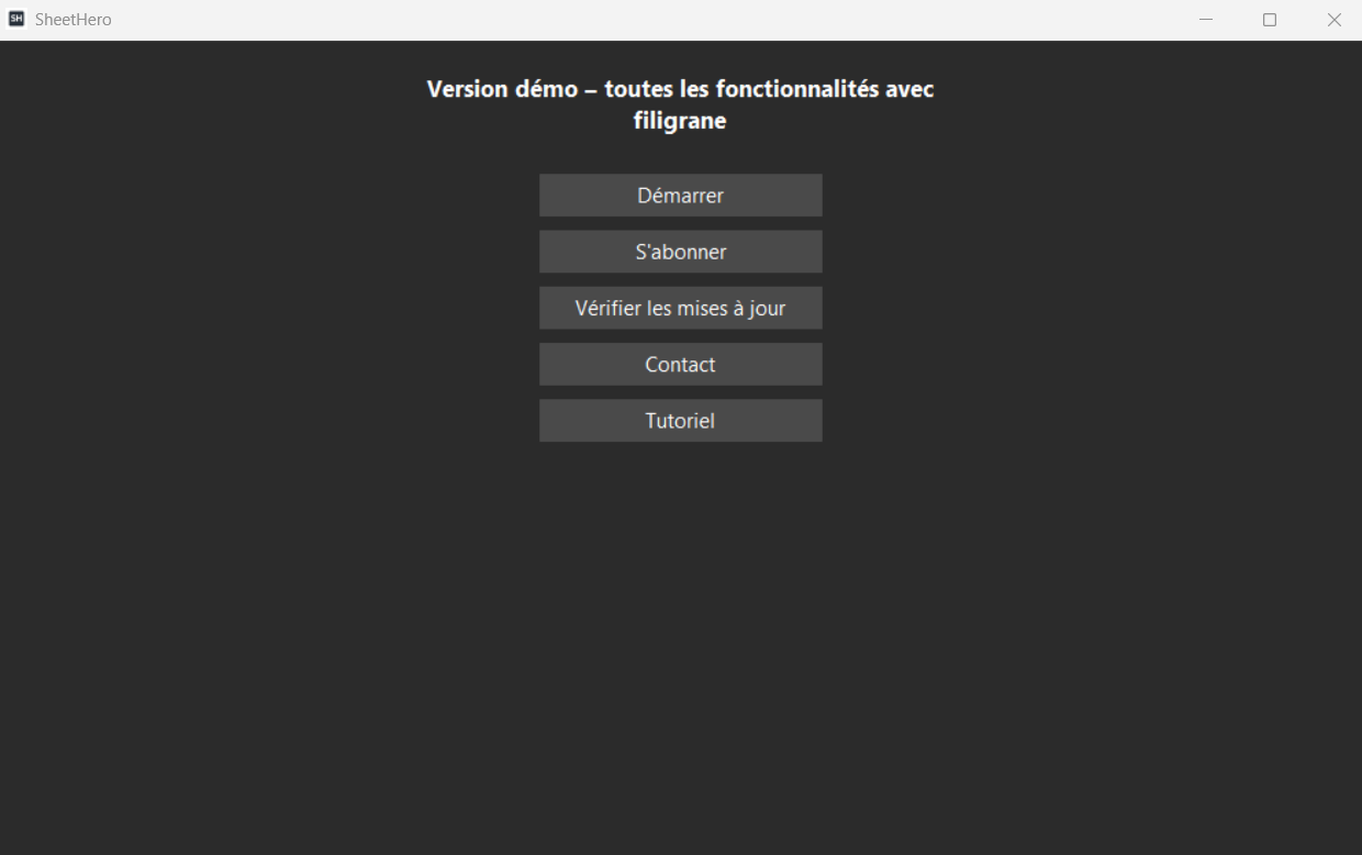 Écran des paramètres et informations de version dans SheetHero
