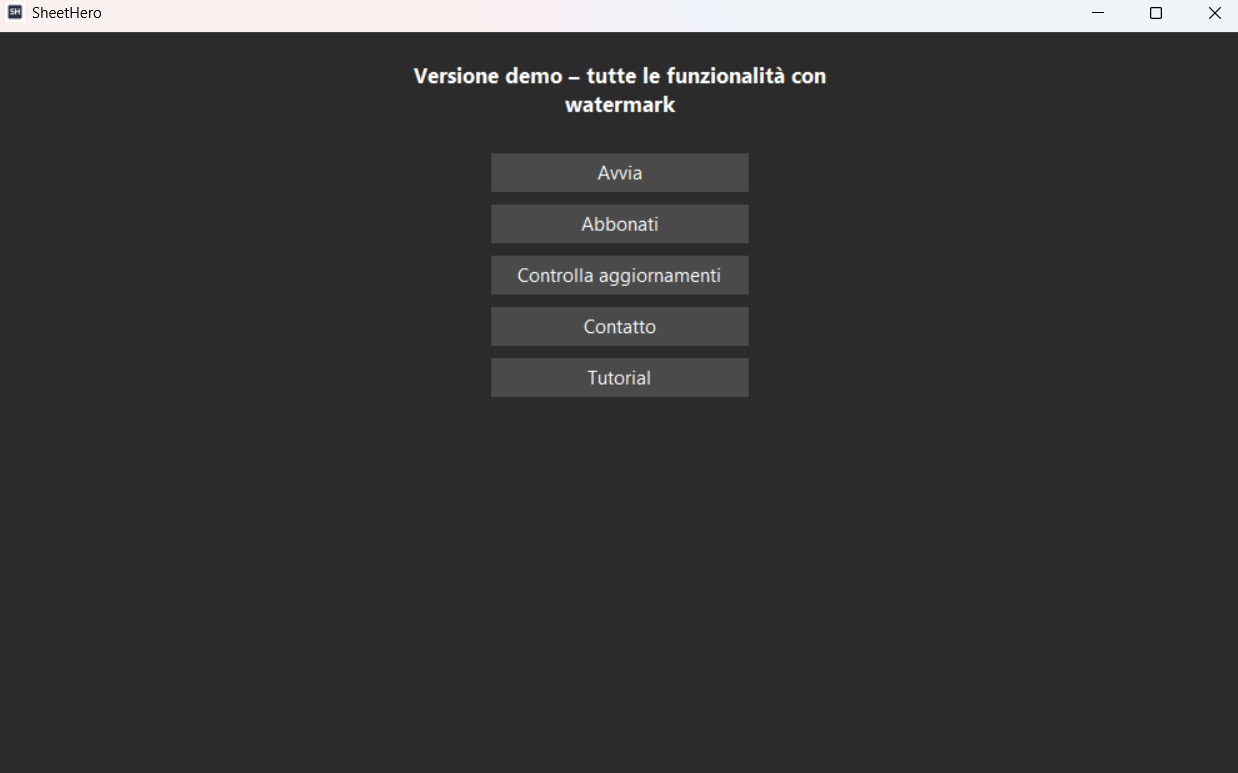 Schermata impostazioni e versione SheetHero