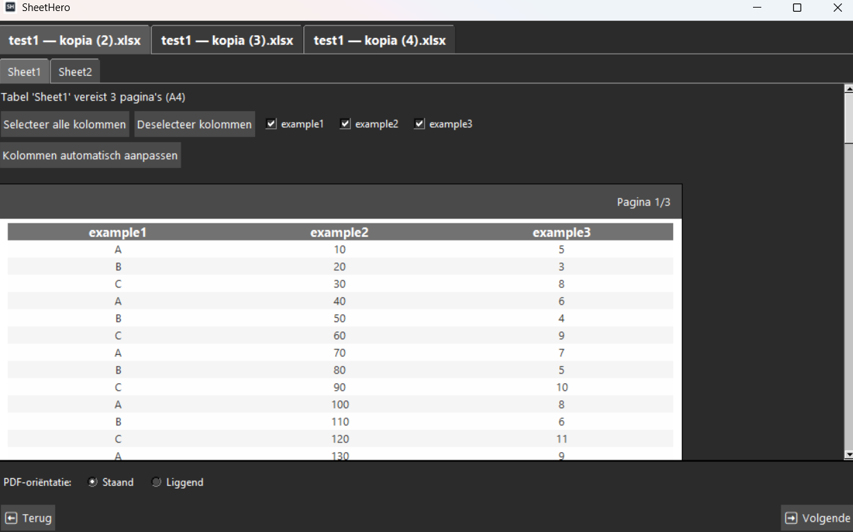 Lay-out en instellingen configuratie in SheetHero
