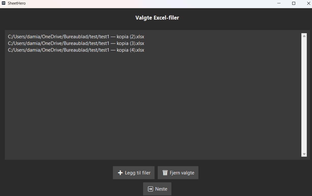 Valg av Excel-filer for PDF-generering i SheetHero