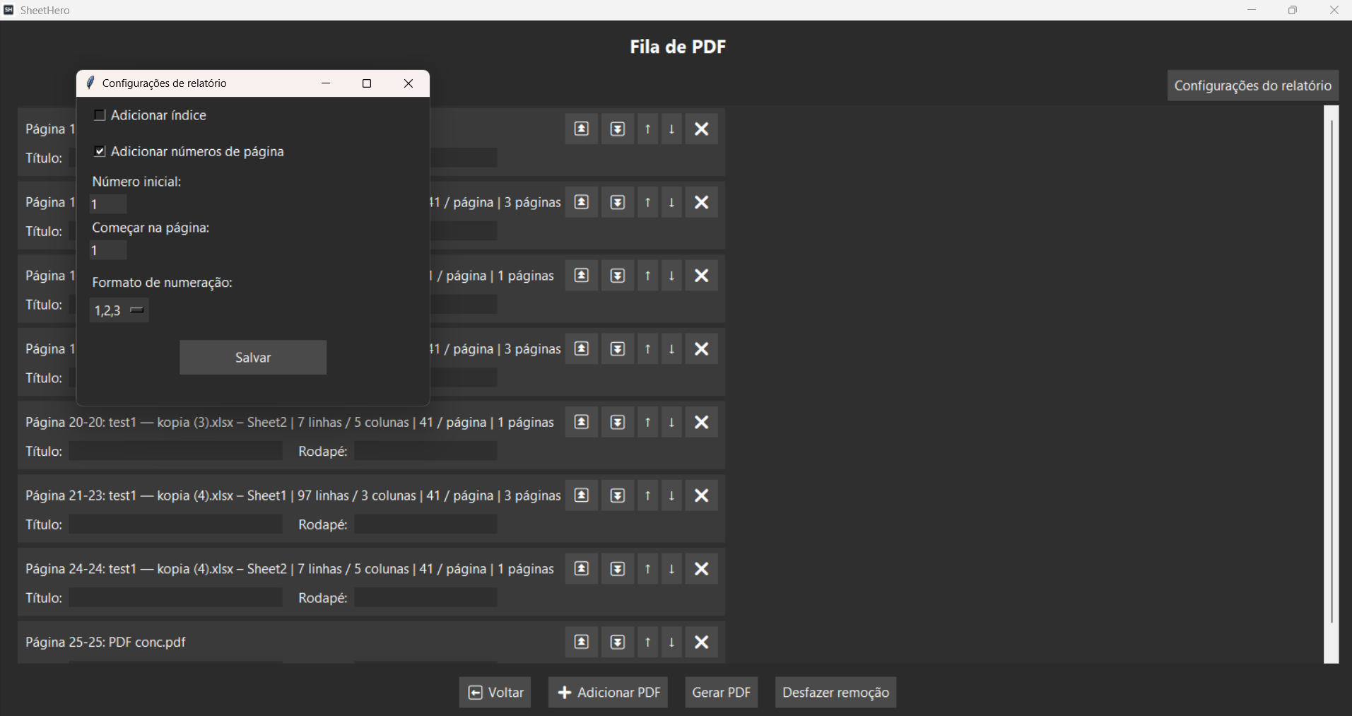 Configurações de relatório no SheetHero