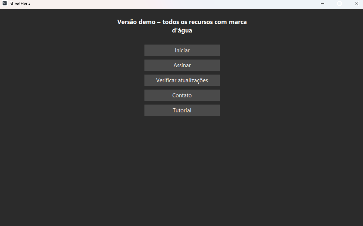Tela de versão e configurações no SheetHero